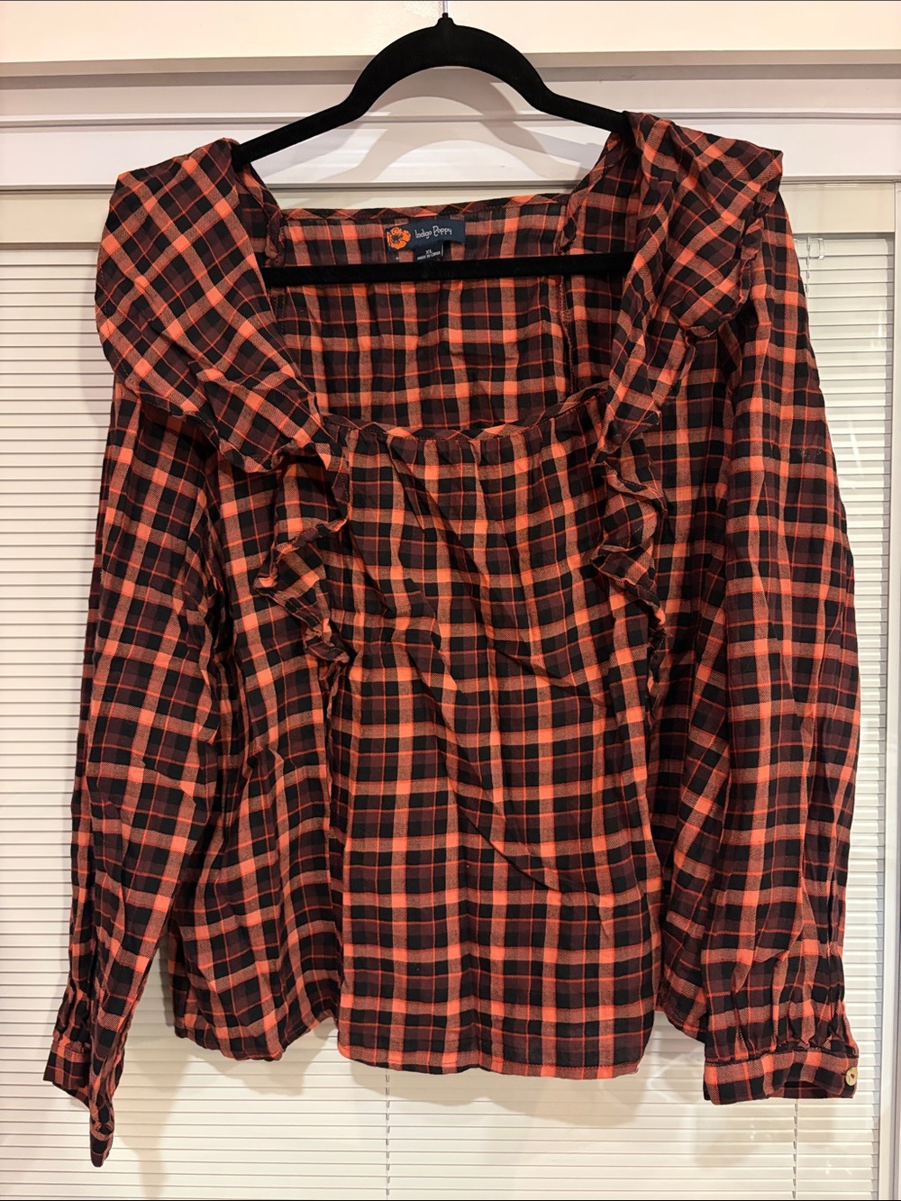 Indigo Poppy Plaid Orange and Black Ruffle Top Size XL